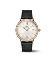 IWC Portofino Automatic 37 IW658603 con cassa in oro rosso 18 ct da 37 mm, lunetta con diamanti e quadrante argentato.